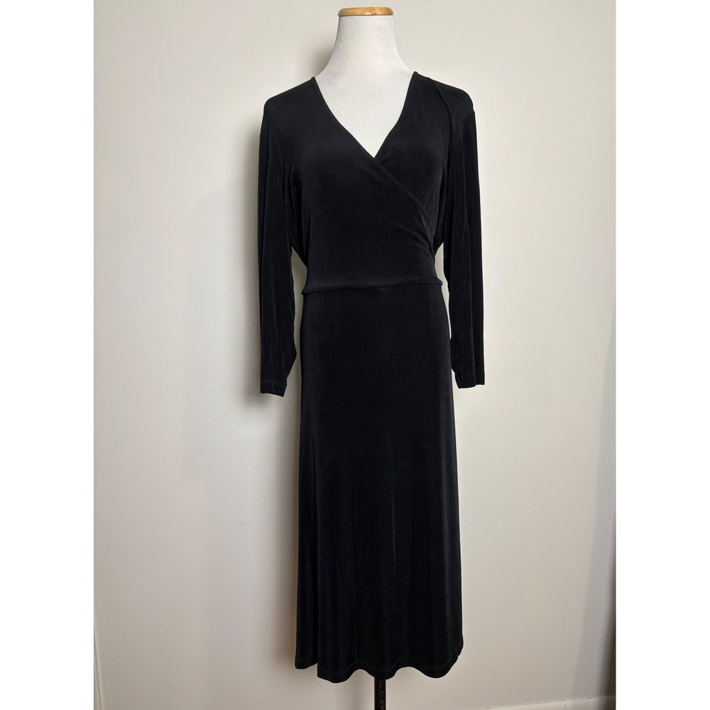 Chico's Travelers Black Faux Wrap Midi Dress 2 Large Slinky Stretch 3/4 Sleeve